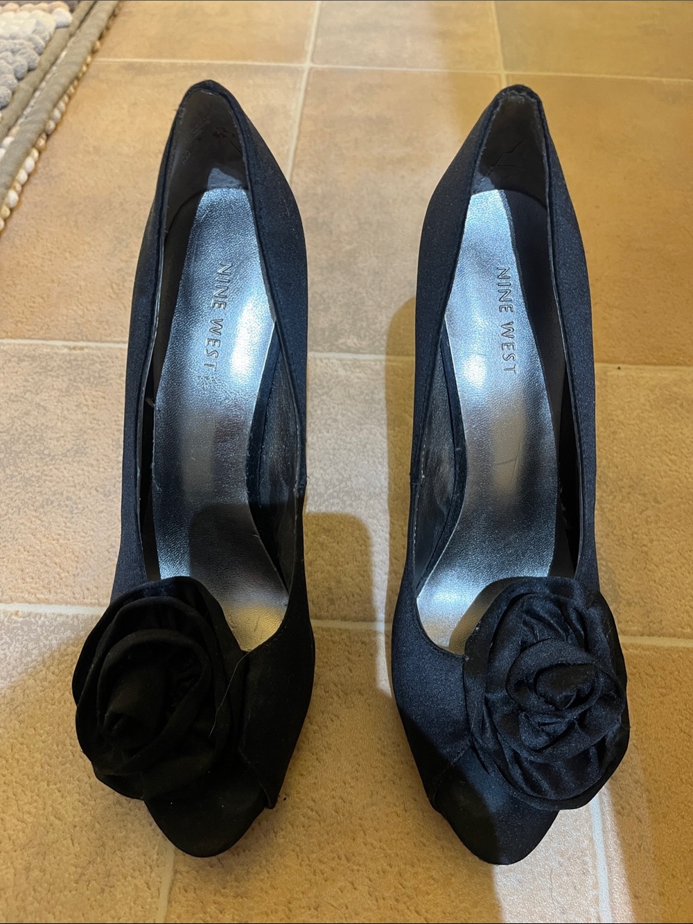Nine West Black Satin Peep-Toe Pumps with Rosette Accent